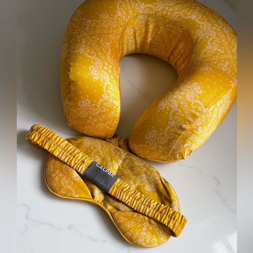 CALPAK REAL PURE Silk Travel Pillow & Eye Mask - mustard paisley